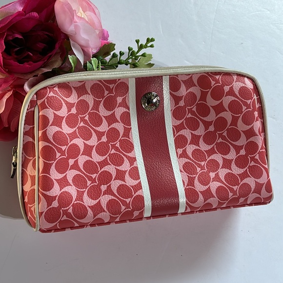 Coach Coated Canvas Pink Red Cosmetics Pouch 9” Coach coated Canvas Travel - Picture 4 of 16